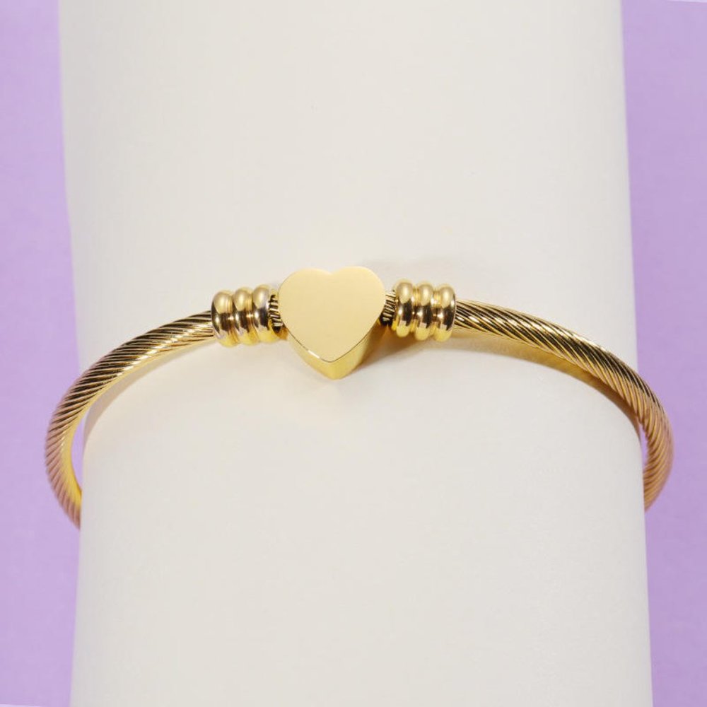 Stainless Steel Cable Wire Heart Charm Gold Plated Bangle Bracelet for women-men